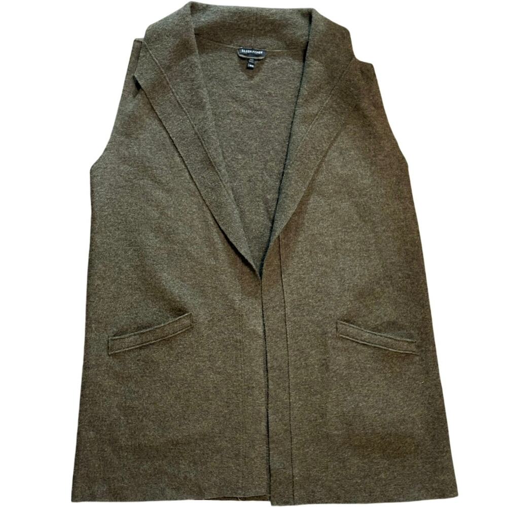 Eileen Fisher Boiled Wool Long Vest Open Front Duster Pockets Olive Green Medium